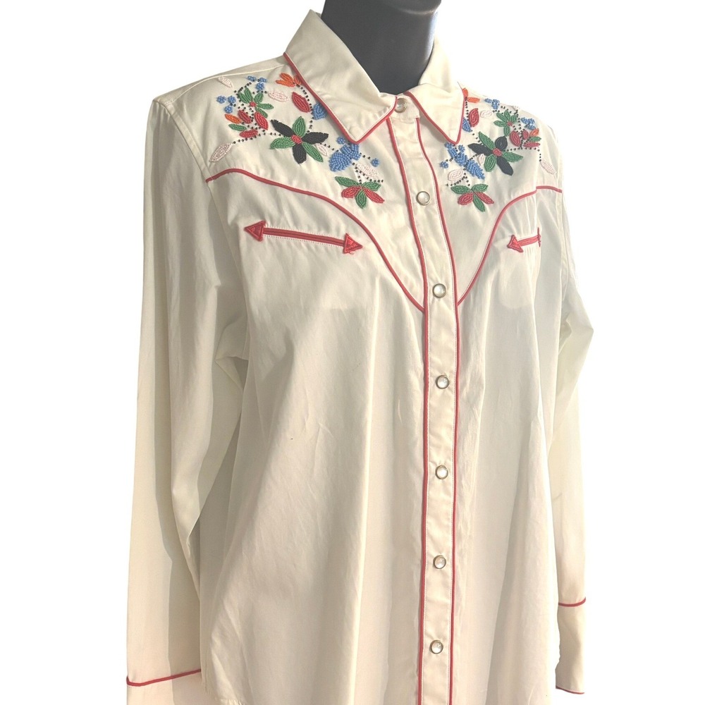 Lauren Ralph Lauren Western Shirt White Beaded Embroidered Pearl Snap Petite L